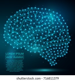 Polygonal human brain abstract image, isolated on black background. Vector closeup of concept human brain illustration. Low poly wireframe, geometry triangle, lines, dots, polygons, shapes