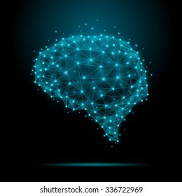 cerebro humano poligonal. El concepto consiste en polígonos con nodos luminosos en las intersecciones de las costillas. Ilustración del vector