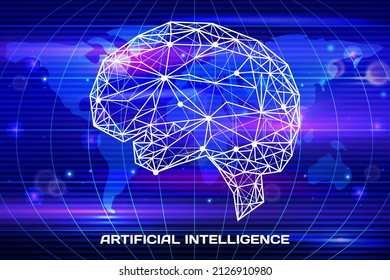 Polygonales menschliches Gehirn aus Linien und Punkten. Medizinische Forschung der inneren Organe, innovative Technologie in der Medizin Konzept. Organ des menschlichen zentralen Nervensystems. Modernes 3D-volumetrisches Bild des Gehirns