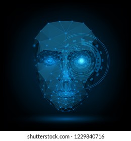 Polygonal human face with a luminous eye, artificial intelligence, robot