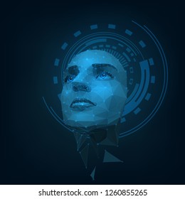 Polygonal human face with a luminous eye, artificial intelligence, robot