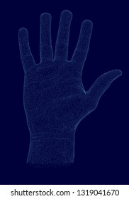 Polygonal human hand on a dark background. Wireframe of the human hand from the blue lines. 3D. Vector illustration.