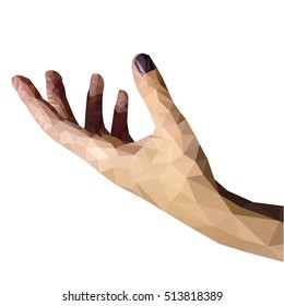 Polygonal human hand on white background. Woman's hand in a polygonal style. Triangular hand gesture. Low poly vector illustration.