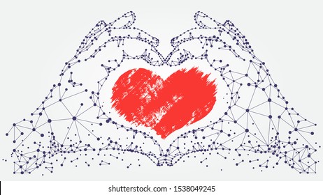 Polygonal human hands in the shape of a heart. Valentine's Day. Symbol of love. Red textured abstract heart. Place for text. Light vector plexus background. Dots and lines.