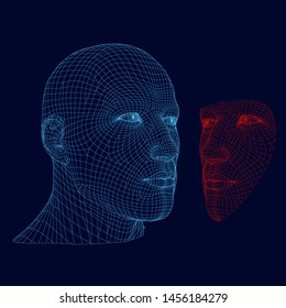 Polygonal human head. Wireframe face men. Face recognition. 3D Vector illustration