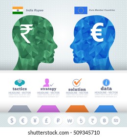 Polygonal Human Heads Finance Thinking Infographics Design, Us Dollars and Indian Rupee. Stats with Flat Style Vector Elements Presentation, Business and Finance Info, Money Template