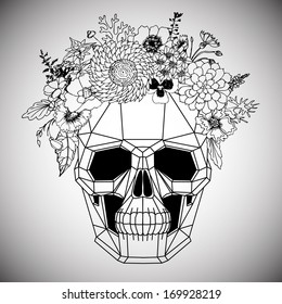 Polygonal human skull and flower wreath. Los muertos. Vector illustration.