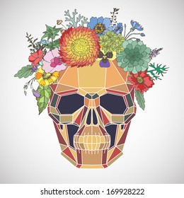 Polygonal human skull and flower wreath. Los muertos. Vector illustration.