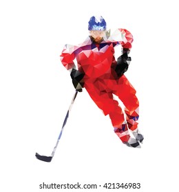 Polygonal ice hockey player. Abstract red vector geometrical skater. Isolated vector silhouette. Winter sport