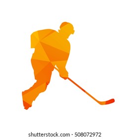 Polygonal ice hockey player, abstract orange isolated vector silhouette