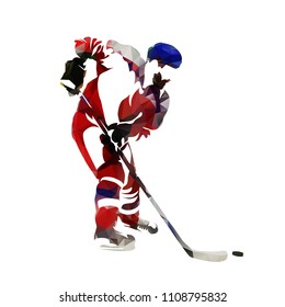 Polygonal ice hockey player with puck, side view. Low poly isolated vector illustration