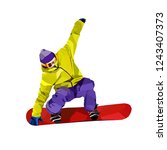 Polygonal icon of active man on snowboard isolated on white background. WPAP or low poly art style. Sport color vector illustration