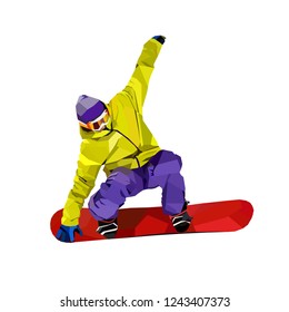 Polygonal icon of active man on snowboard isolated on white background. WPAP or low poly art style. Sport color vector illustration