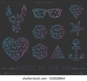 Polygonal icons, hipster cosmic logo of heart, deer, star glasses and other space shapes and magic card