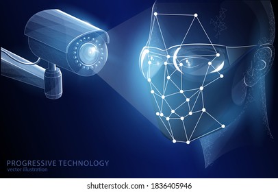  
Ilustración poligonal concepto 3D, la cámara callejera define la cara de un hombre que usa una máscara y gafas como un símbolo de desarrollo tecnológico, inteligencia artificial, seguridad y globalización.