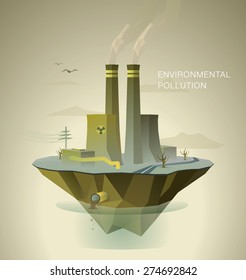 polygonal illustration of air and water pollution with dead trees and factory on island