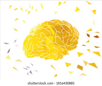 A polygonal illustration of a brain that shatters into pieces. It is a symbol of inspiration and brainstorming. Low poly. For packaging, labels, logo, showcase, banner. Vector illustration isolated