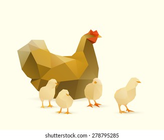 polygonal illustration of chicken witch chicks