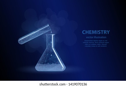 Polygonal illustration of the concept on a blue background, mixing reagents in a chemical vessel and their reaction, the experiment is a symbol of science- chemistry