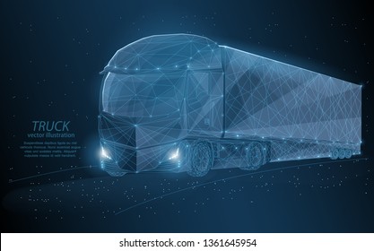 
Polygonal illustration of a concept truck running on electricity traveling on a night road and illuminating its way