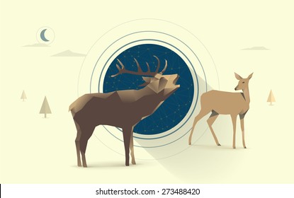 polygonal illustration of deer and doe, couple in love