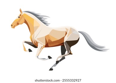 Polygonal illustration of a galloping horse with a flowing mane, rendered in shades of beige, brown, and gray on a white background