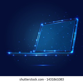 Polygonal Illustration Of Laptop, 3D, Isometric, Consisting Of Polygons, Dots And Lines. Low Poly Polygon Design, Isolated On Blue Background With Stars.  Technology Illustration. Wireframe Concept.