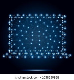 Polygonal Illustration of laptop consisting of polygons, dots and lines. Low poly polygon design, isolated on blue background with stars.  Technology illustration. Wireframe concept.