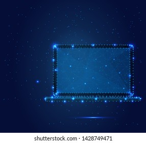 Polygonal Illustration of laptop consisting of polygons, dots and lines. Low poly polygon design, isolated on blue background with stars.  Technology illustration. Wireframe concept.