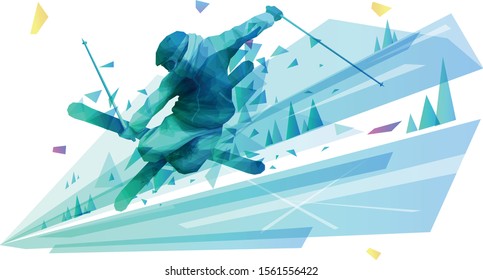 Polygonal illustration of male mountain skier in the air