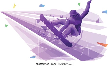 Polygonal illustration of male snowboarder in the air above halfpipe