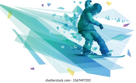 Ilustración poligonal del snowboarder varón deslizándose por el carril en el parque de nieve