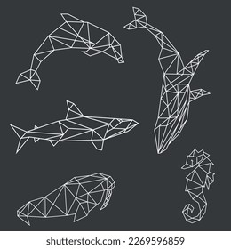 Polygonal illustration of marine animals. Shark, whale, sea horse, dolphin and walrus. Dark background. vector illustration