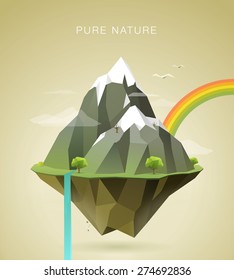 polygonal illustration of mountains with snow on the top, clouds, trees, waterfall and rainbow on island