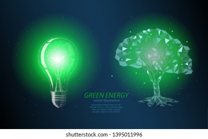 Polygonal illustration on a dark background, glowing light bulbs and tree, symbols of clean green energy.