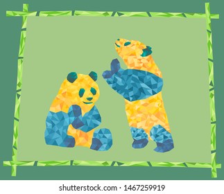 polygonal illustration of pandas with bamboo frame