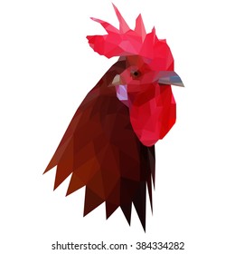Polygonal illustration of rooster head. Silhouette of colorful cock head triangle low polygon style. Beautiful brown rooster head with red crest isolated on white background