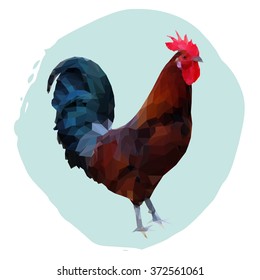 Polygonal illustration of a sicilian buttercup rooster. Silhouette of colorful cock  triangle low polygon style. Brown rooster with red head and blue green tail on light green circle background