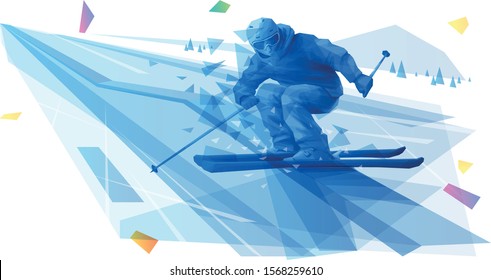 Polygonal illustration of skier sliding the rail