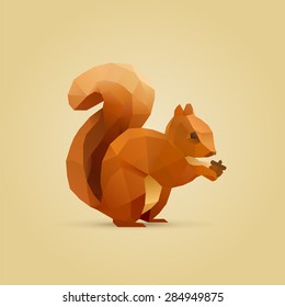 polygonal illustration of squirrel eating nut, isolated