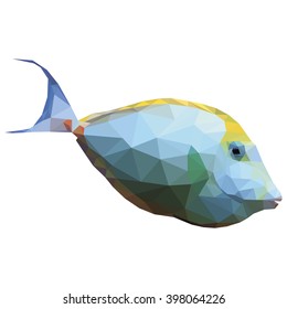 Polygonal illustration of a tropical unicornfish. Silhouette of a fish, triangle low polygon style. Geometrical illustration of white and yellow orange spine unicorn fish isolated on white background