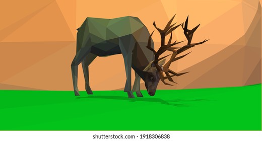 Polygonal illustration. Vector low poly deer, with space for text. Stag Christmas graphic element for designs.