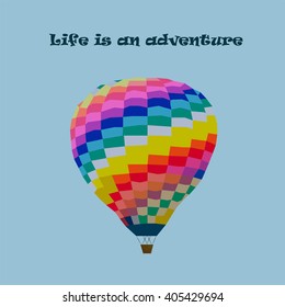 Polygonal image with abstract colorful air balloon, polygon picture with flying by aerostat on the light-blue background and text, vector illustration