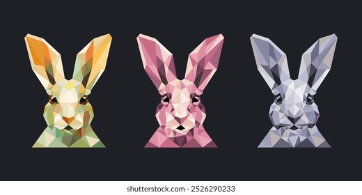  Polygonal image of rabbits of different shades in high detail. Vector geometric illustration of animal triangle. Abstract polygonal art. Isolated on dark background