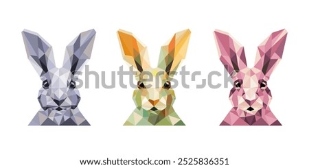  Polygonal image of rabbits in different shades in high detail. Vector geometric illustration of animal triangle. Abstract polygonal art. Isolated on white background	