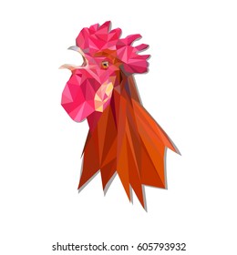Polygonal image of a red rooster head in profile. Sketch colored graphics vector illustration. The head of the rooster sings. Rooster Logo Vector Template Design. Vector isolated image