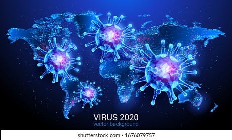 Imagen poligonal de un virus en el fondo del mapa del planeta Tierra. Vector. Fondo abstracto azul oscuro. Lesiones rojas de coronavirus. Pandemia mundial. Colocar texto.