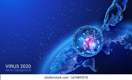 Polygonales Bild eines Virus. Vektorillustration. Dunkelblauer abstrakter Hintergrund. Weltweite Pandemie und Epidemie des Coronavirus. Eine menschliche Hand mit einer Lupe untersucht den Planeten Erde. Platz für Text.