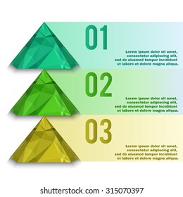 Polygonal info graphic. Pyramid shape low poly vector elements. Excellent to use for business presentations, work flow processes, number options, steps, plan, web design.
