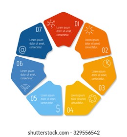 Polygonal infographic diagram with 7 parts. EPS10 circular connected chart with seven options. Progress steps for tutorial. Business concept sequence banner, process layout.
